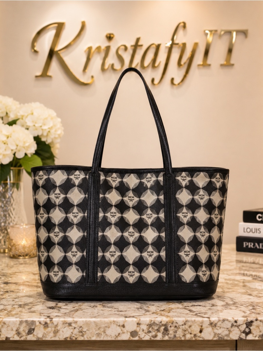 MCM Black Cream Geometric Logo Large Shoulder Tote Bag